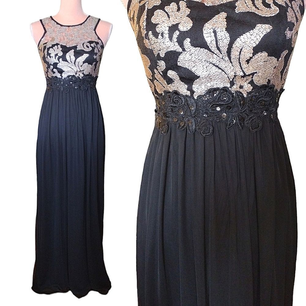 Y2K Black Metallic Gold Sequins High Neck Sleeveless Evening Dress Size 3